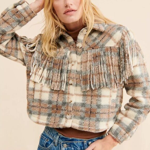 Blank NYC Crop Fringe Take Note Cropped Shacket Jacket Plaid Small - Picture 1 of 13